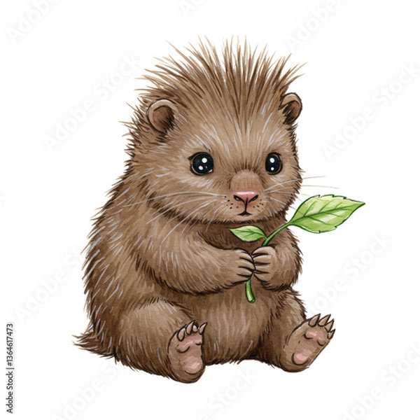 Fototapeta Tiny Hedgehog Holding Leaf: A charming and adorable illustration of a small hedgehog, cradling a fresh green leaf.