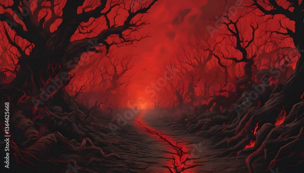 Fototapeta A Crimson Path Through a Fiery, Desolate Forest
