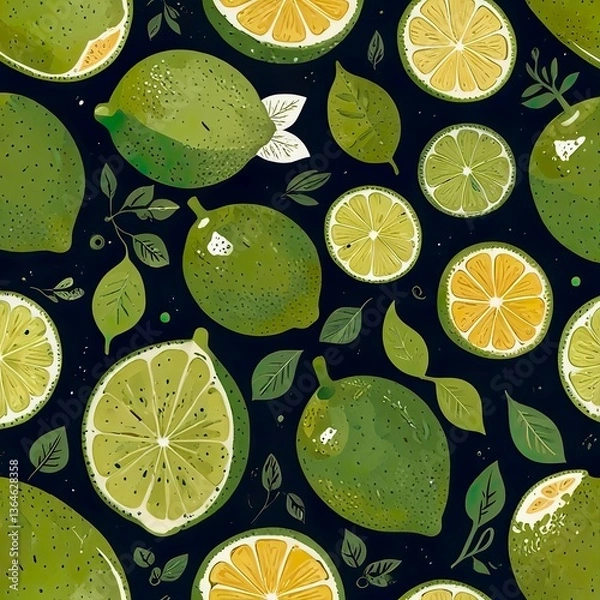 Fototapeta Abstract colourful vibrant textile pattern. Fresh ripe bright limes with leaves wallpaper. Art decorative modern painting, simple drawing background for wrapping. Flat colour art.	