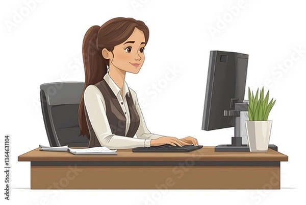 Fototapeta Woman Working at Desk, Computer, Office