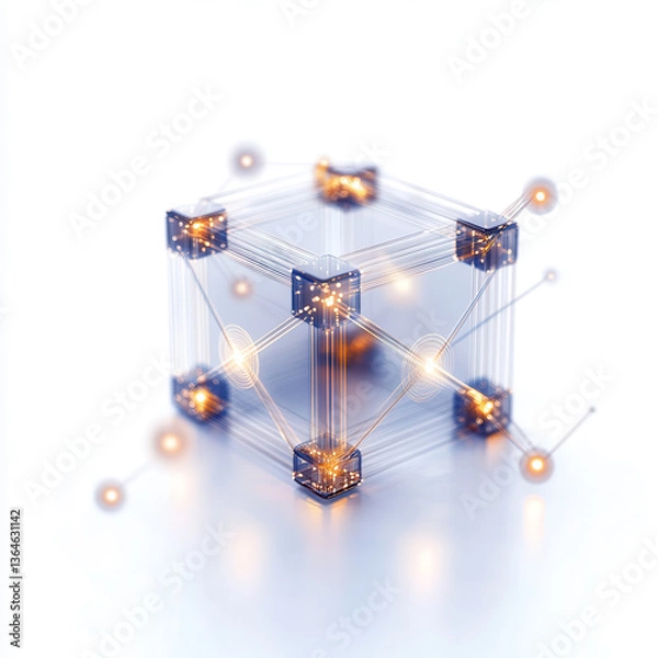 Fototapeta glowing digital cube with interconnected nodes, representing blockchain technology and decentralized networks