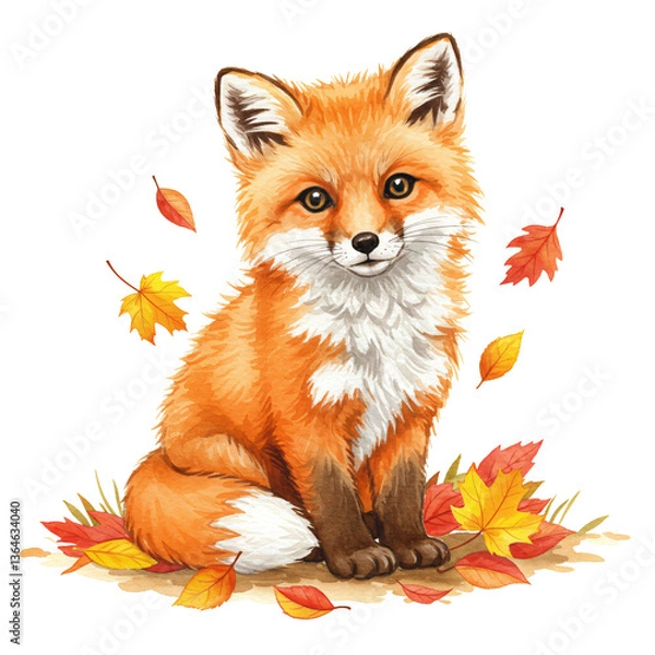 Fototapeta Autumnal Fox: A charming, illustrated fox nestled among colorful autumn leaves, capturing the essence of fall in a delightful and whimsical way.
