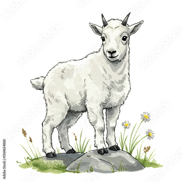 Fototapeta Majestic Mountain Goat on Rock: An adorable mountain goat poses regally atop a stone, with a field of flora around it. An illustration that bring joy and interest.
