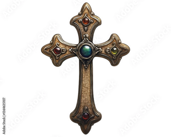 Obraz ornate silver cross adorned with colorful gemstones, showcasing intricate detailing and historical design. This religious relic evokes sense of reverence and artistry