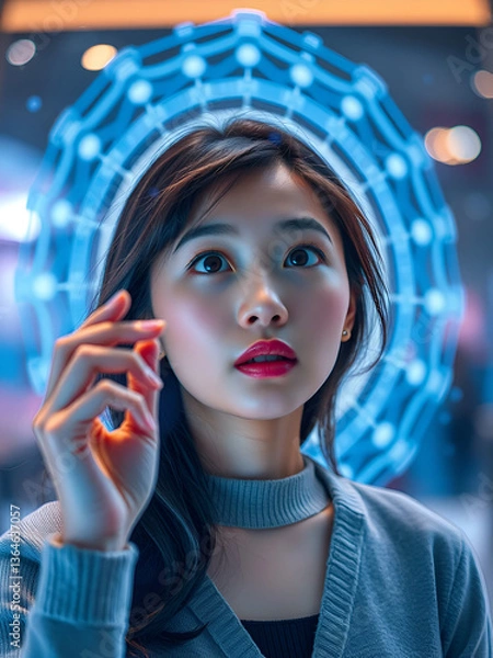 Fototapeta Young Asian woman with wonder, curiosity, looking at holographic digital display, futuristic technology, innovation,