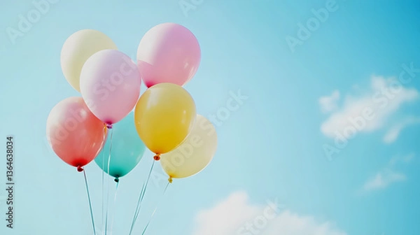 Fototapeta A joyful and playful Children's Day scene with colorful balloons and toys against a sky blue background, macro shot,