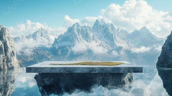 Obraz a small island in the middle of a lake with a ice mountain in the background
