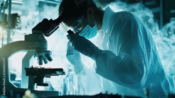 Obraz A scientist using an advanced microscope to study viruses, clean lab environment with high-tech microscopy equipment, High-tech style