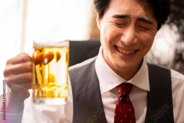 Fototapeta A cheerful man in formal attire smiles with his eyes closed while holding a large glass mug of beer. The scene is warmly lit, capturing a joyful and relaxed moment in a stylish bar setting.