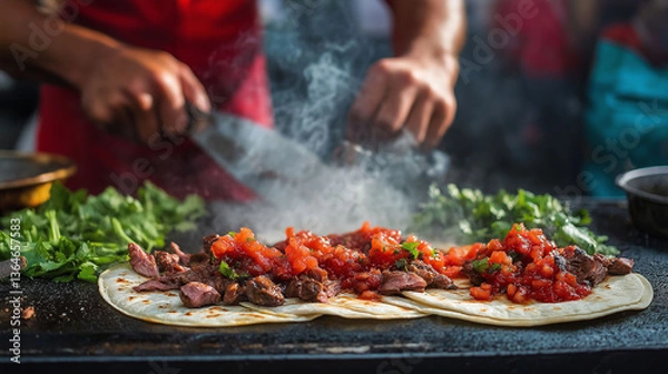Fototapeta Vendor grilling meat for tacos on a street cart, vibrant toppings like salsa and cilantro waiting to be added, moody street lighting, authentic taco making theme