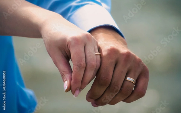 Fototapeta hands of married man and woman with rings