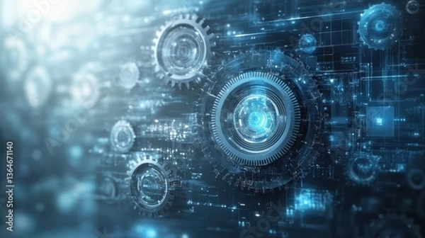Fototapeta Futuristic digital interface with glowing gears and circuitry in blue tones