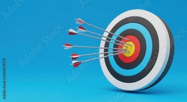 Fototapeta Archery target with arrows, bright blue background, 3D render