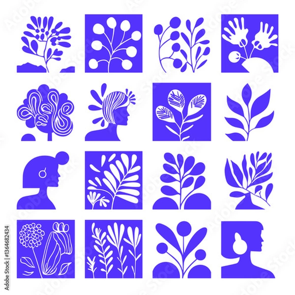 Fototapeta Blue Flora & Human Silhouettes: Abstract floral designs intertwine with human silhouettes, creating a harmonious composition in a vibrant blue hue.