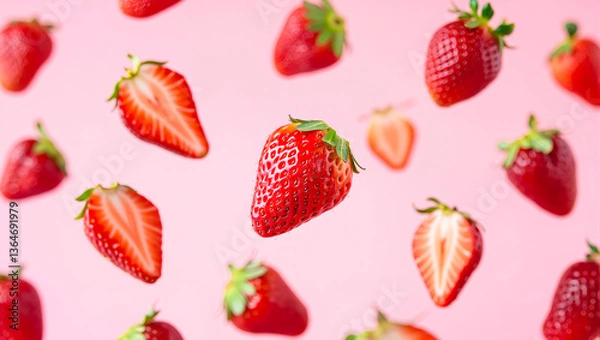 Fototapeta Floating Fresh Strawberries on Light Pink Background. Whole and Sliced Ripe Berries, Healthy Summer Food, Sweet Treat Concept.