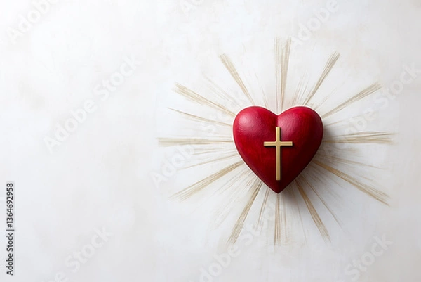Fototapeta Sacred heart of jesus with golden cross emitting light rays