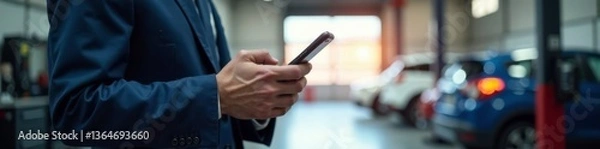 Obraz Businessman uses smartphone in garage car service center, tech, businessman