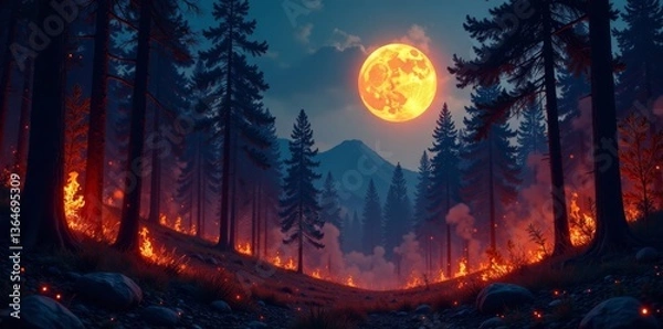 Obraz Dense forest ablaze with flames under a bright full moon , fire, dark