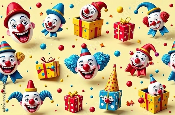 Fototapeta fun pattern with surprise boxes and clown heads for April Fools' Day