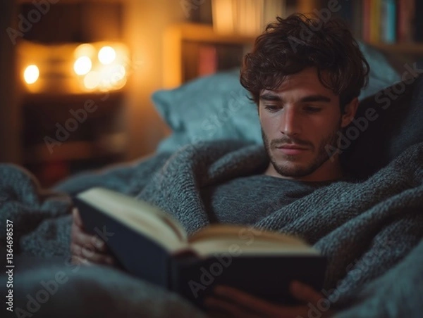 Obraz Cozy Night Indoors: Enjoy a Relaxing Evening with Focused Reading in a Calm, Thoughtful Environment