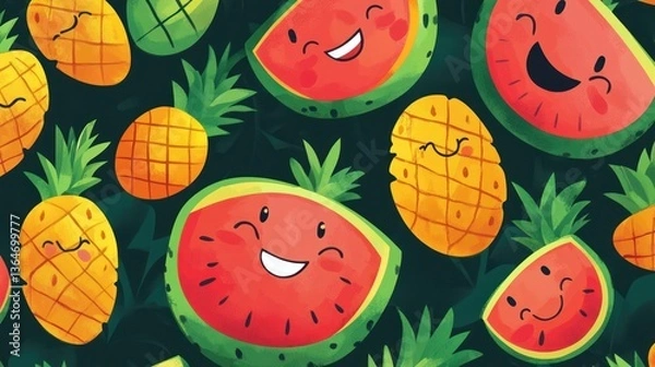 Fototapeta Cartoon Pineapple & Watermelon Pattern