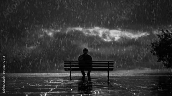 Obraz A man sits on a bench in the rain