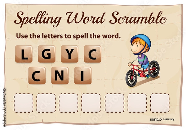 Fototapeta Spelling word scramble game template with word cycling
