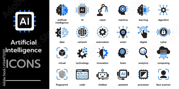 Fototapeta artificial intelligence Technology icon set. AI, robot, machine, data analytics,algorithm, cyber and more. Solid vector icons collection	