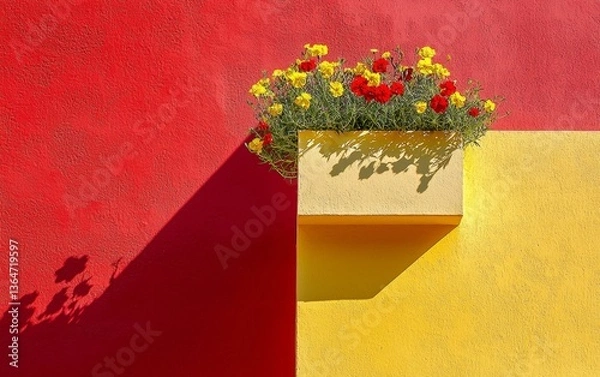 Fototapeta Brightly colored wall with vibrant flowers in a planter during daylight in an urban area