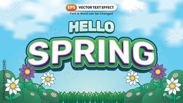 Fototapeta Text effect Hello Spring with flowers and grass