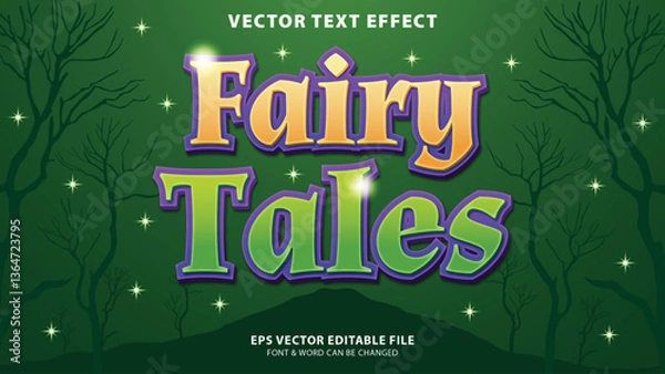 Fototapeta Text Effect Fairy Tales in Green Background with Silhouetted Trees and Stars