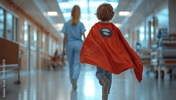 Fototapeta A young child clad in an orange cape dashes down the hospital hallway, with his nurse, dressed as a superhero in blue with a mask, standing ahead of him. The boy is viewed from behind