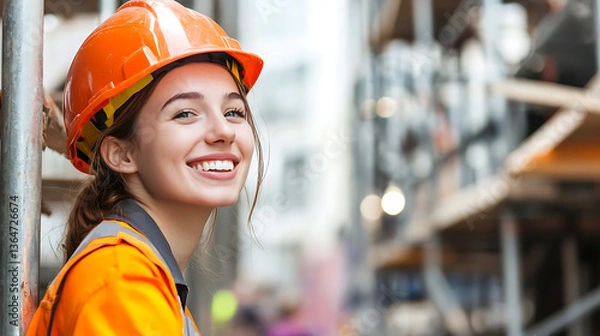 Fototapeta Construction worker smiling at job site urban environment portrait photography optimistic mood