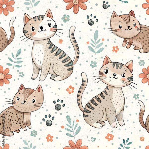 Fototapeta Seamless Hand-Drawn Pattern of Cute Cats with Paw Prints. Perfect for: International Cat Day, World Animal Day, pet stores, children's products, cute-themed designs