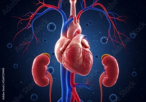 Obraz Human Heart and Kidneys Illustration with Veins and Arteries Connected