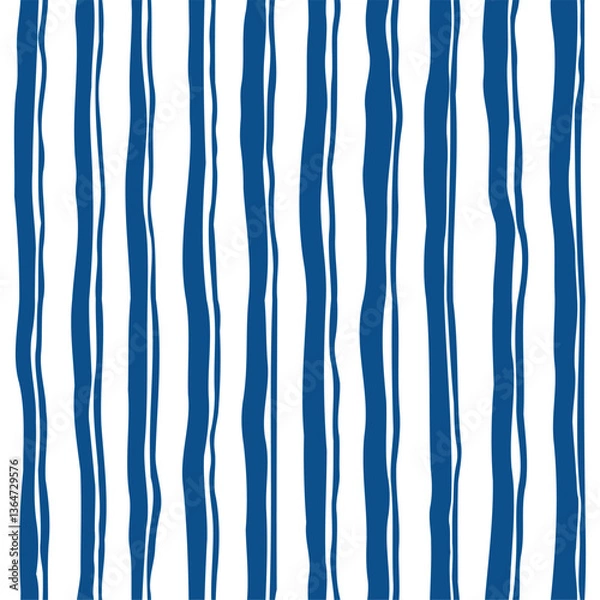 Fototapeta Seamless vector pattern with blue stripes and linear graphics in a whimsical style on a white background. Trendy for 2025, ideal for textiles, prints, wallpapers, packaging, and modern decor.