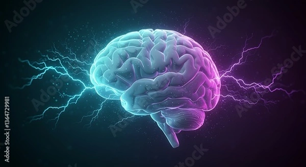 Fototapeta Glowing Human Brain with Lightning Strikes Illustrates Mind Power and Intelligence