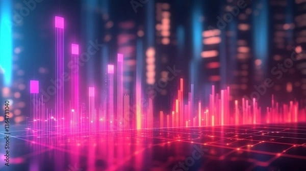 Fototapeta Glowing Graph Bars Display Digital Data Visualization with Cyberpunk Feel