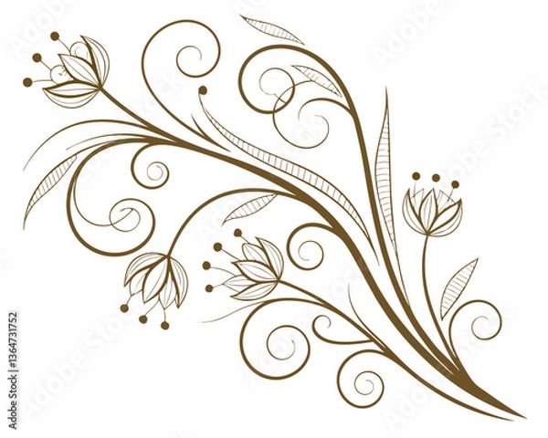 Fototapeta Elegant golden swirl border design with leaves on a white background.