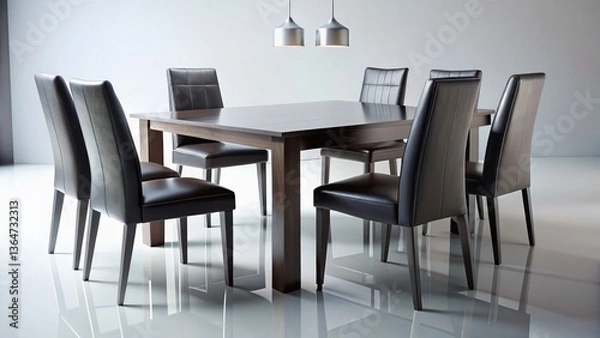 Fototapeta Modern Black Wooden Dining Set Isolated on White Background - Stylish Minimalist Table and Chairs