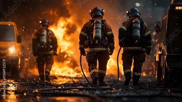 Fototapeta Courageous firefighters in protective gear rushing to extinguish a burning fire at a chaotic night scene with flames and thick smoke billowing in the darkness
