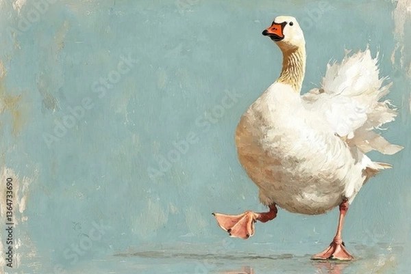 Obraz A whimsical illustration of a walking goose against a textured blue background.
