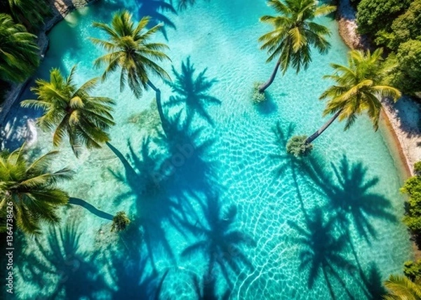 Obraz Serene Turquoise Pool, Palm Shadows, Tropical Paradise, Aerial View Stock Photo