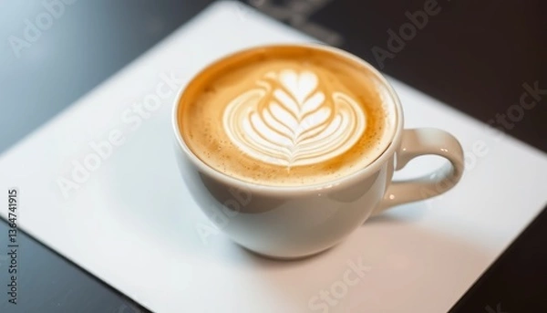 Fototapeta A warm, inviting cup of latte art, a delicate leaf design swirling atop rich, creamy foam in a simple white mug, soft light enhancing its beauty.