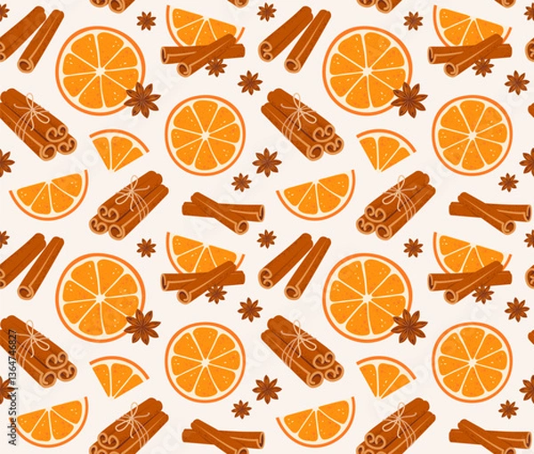 Obraz Seamless pattern with orange slices, cinnamon sticks tied with jute rope. Sweet cooking and bakery spices. Vector illustration