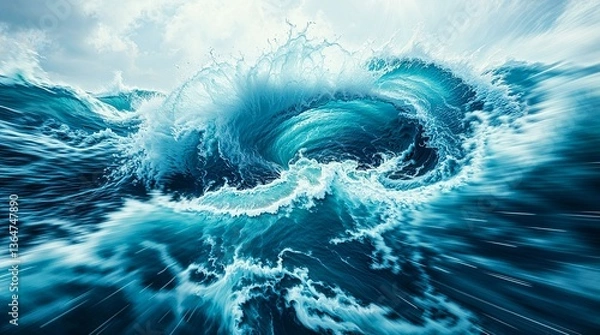 Obraz Abstract blue background of a blue waves of the ocean, seamlessly flowing into each other and splashing hard 