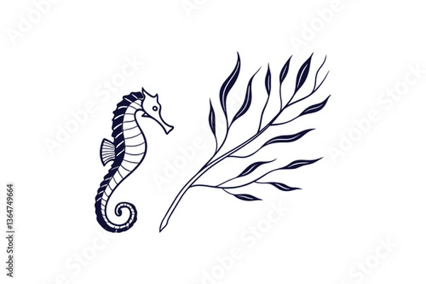 Obraz sea horse with a single kelp clip art vector art illustration