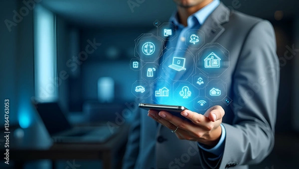 Fototapeta Individual Blended with Smart Appliances and Digital Interface: A Double Exposure Concept for Connected Home Management with Copy Space in Photo Stock
