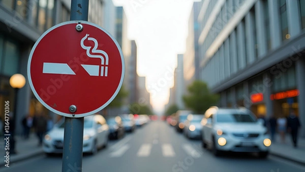 Fototapeta Smoke free cityscape and no tobacco sign border frame with copy space for World No Tobacco Day concept as Smoke free cityscape illustration paired with no tobacco sign forming a border with copy space
