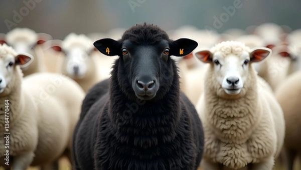 Fototapeta Flat Black sheep standing out in a flock of white sheep. concept as Black sheep standing out prominently among a flock of white sheep in a pasture. in  Simple flat cute vector illustration of  smart b